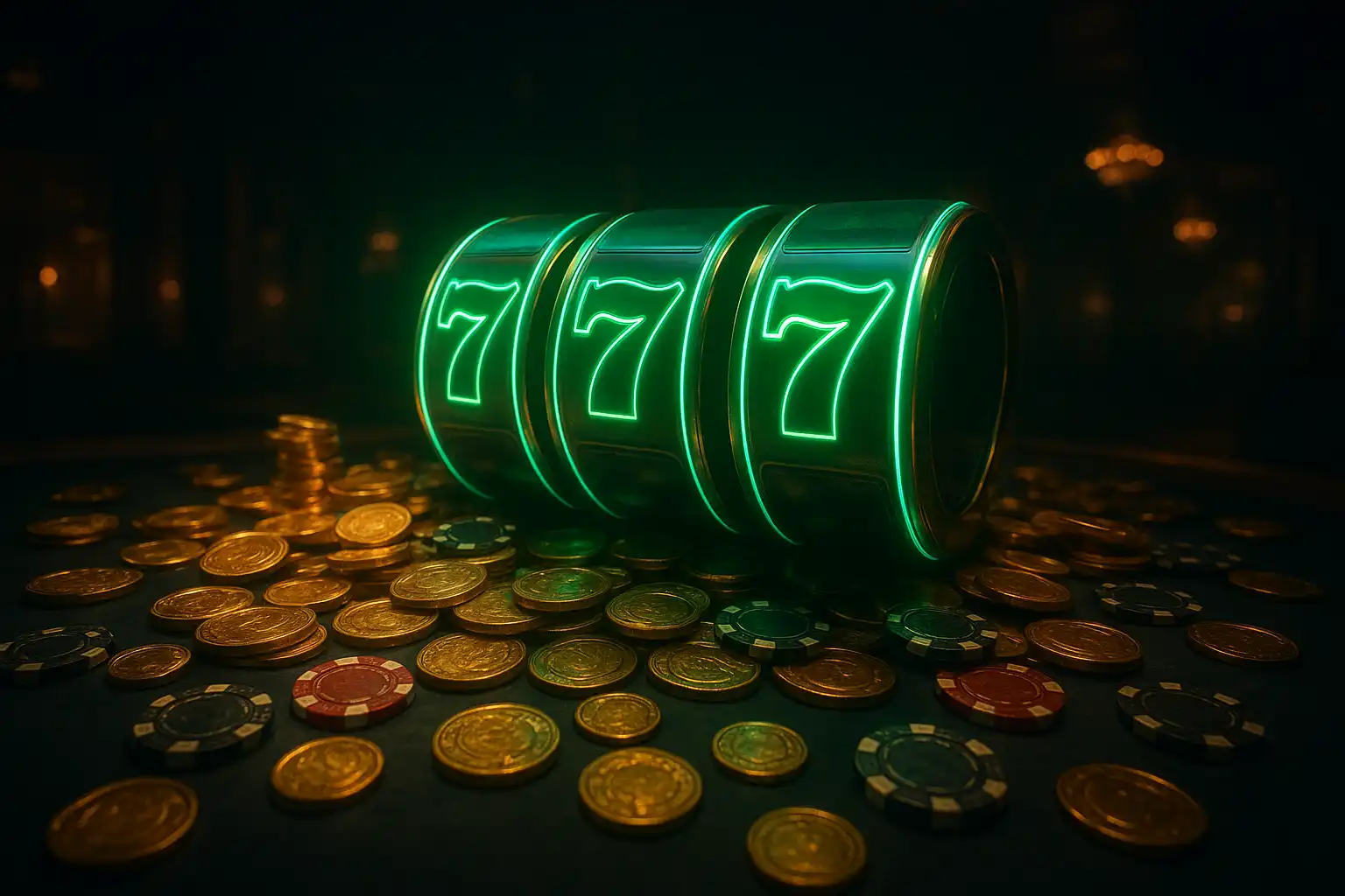 Glowing emerald casino reels with coins and chips over a dark background