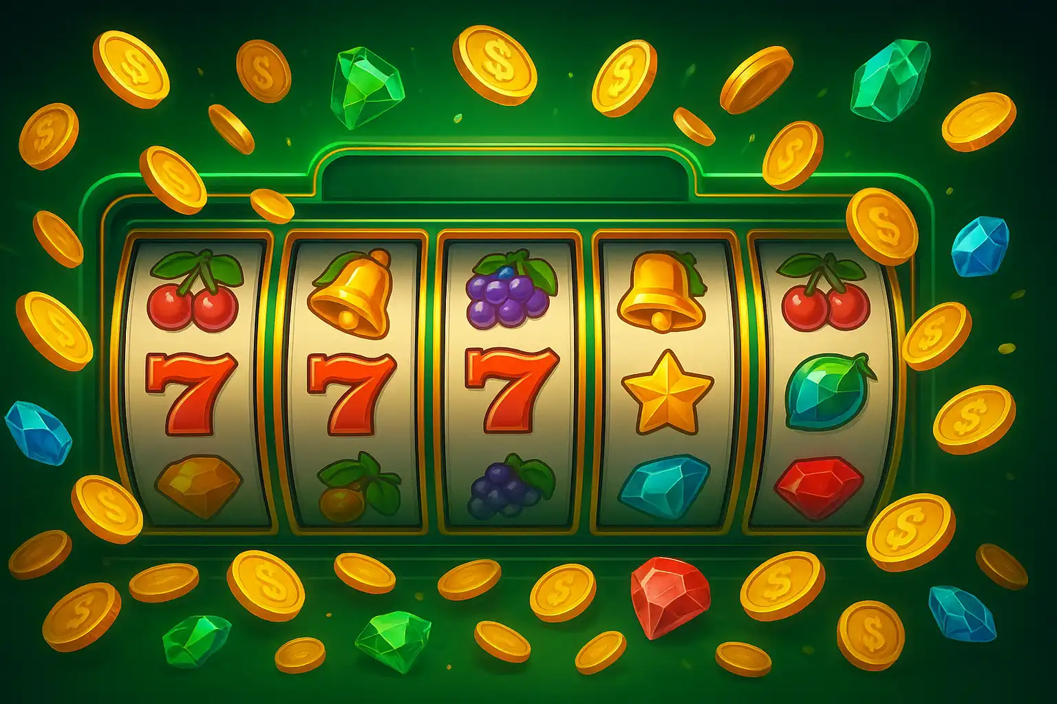 Colorful slot machine reels spinning with gold coins and gems